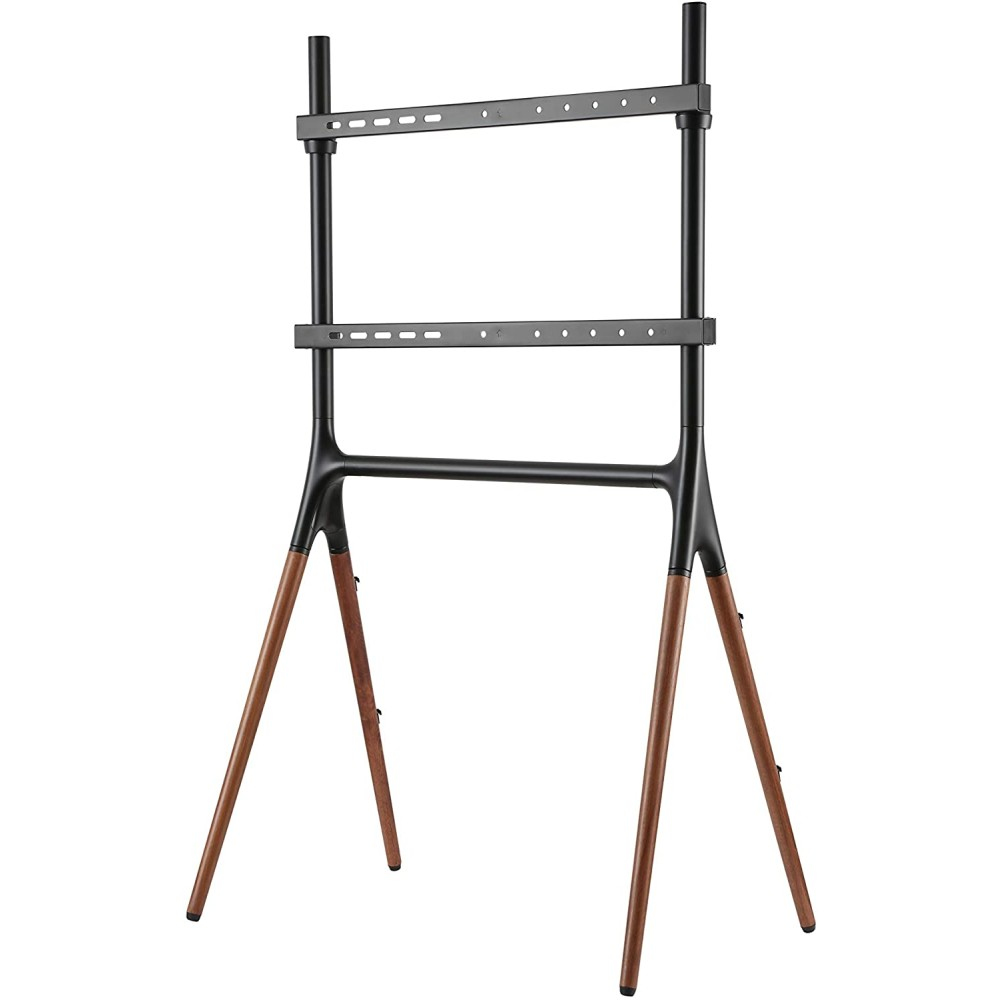Supporto TV nero con gambe in legno e staffa superiore.
