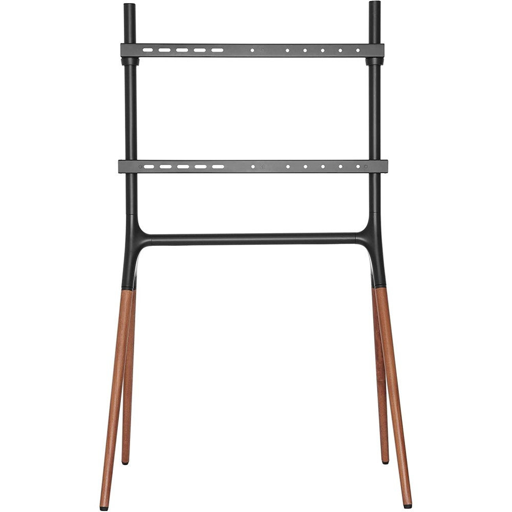 Un supporto TV nero con due barre orizzontali e gambe in legno.