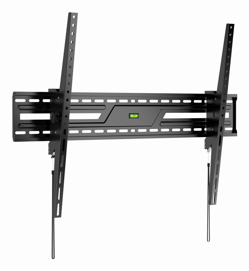 Black TV wall mount with built-in level and adjustable arms.