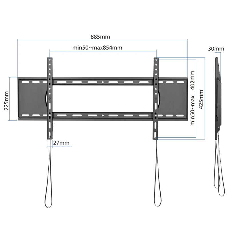 Se muestra un soporte de pared para TV negro con dimensiones. Tiene brazos y correas ajustables.