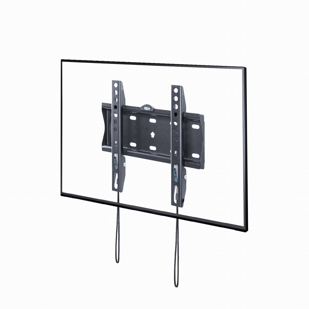 Un soporte de pared para TV negro está unido a un televisor de pantalla plana.