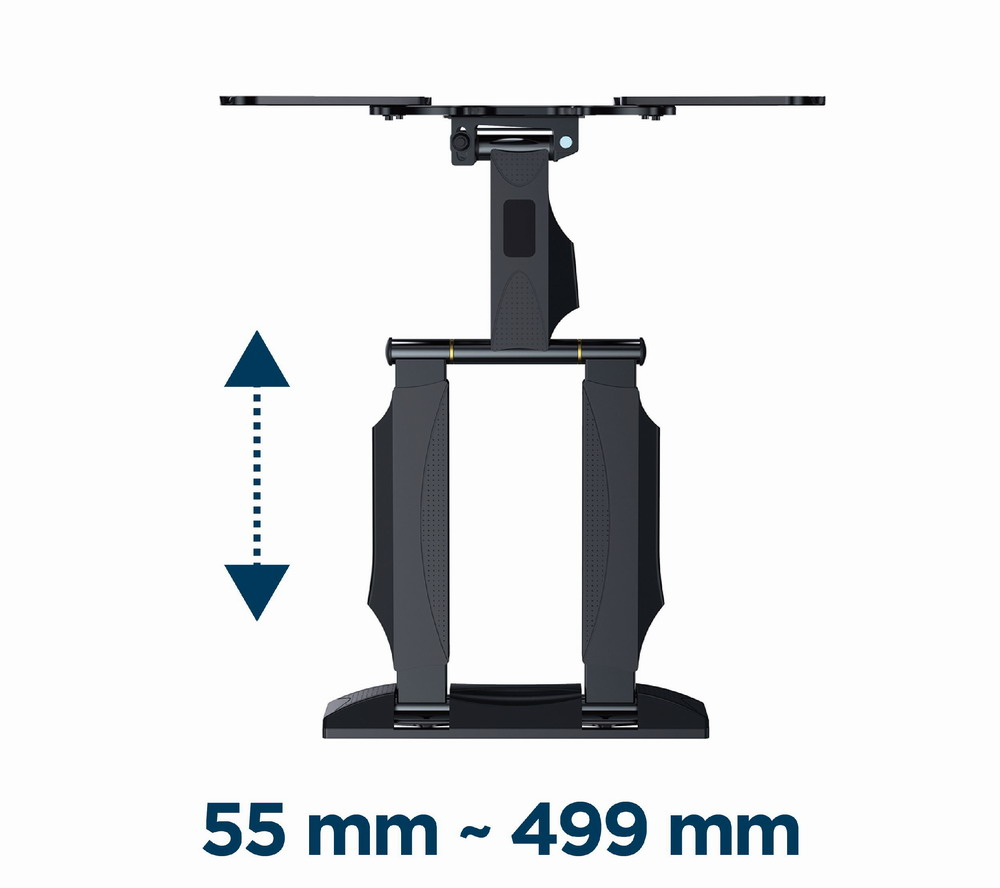 Een zwarte, verstelbare standaard met een hoogtebereik van 55 mm tot 499 mm.