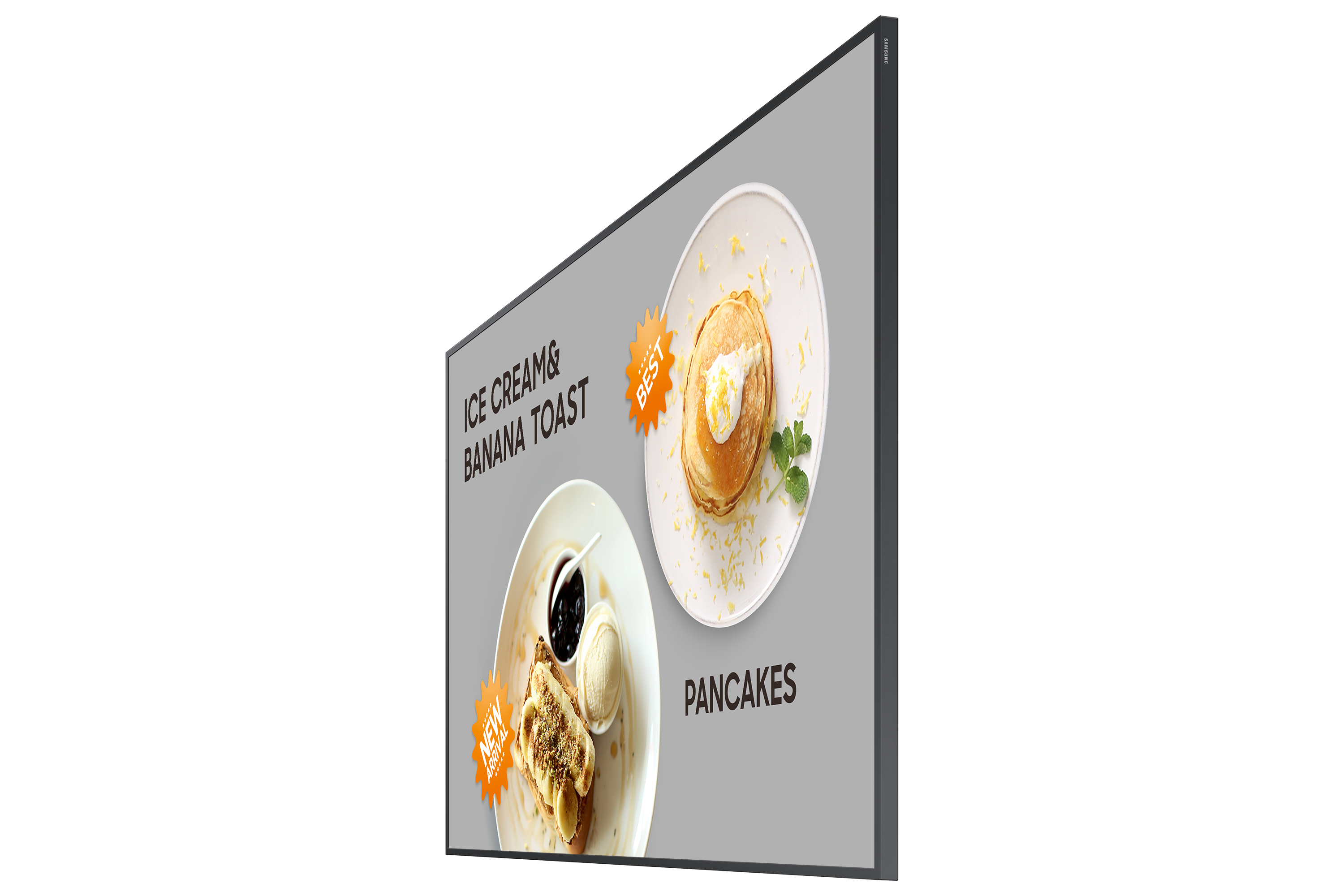 Schermo mostra gelato e toast alla banana e pancake con adesivi "BEST" e "NEW ARRIVAL".