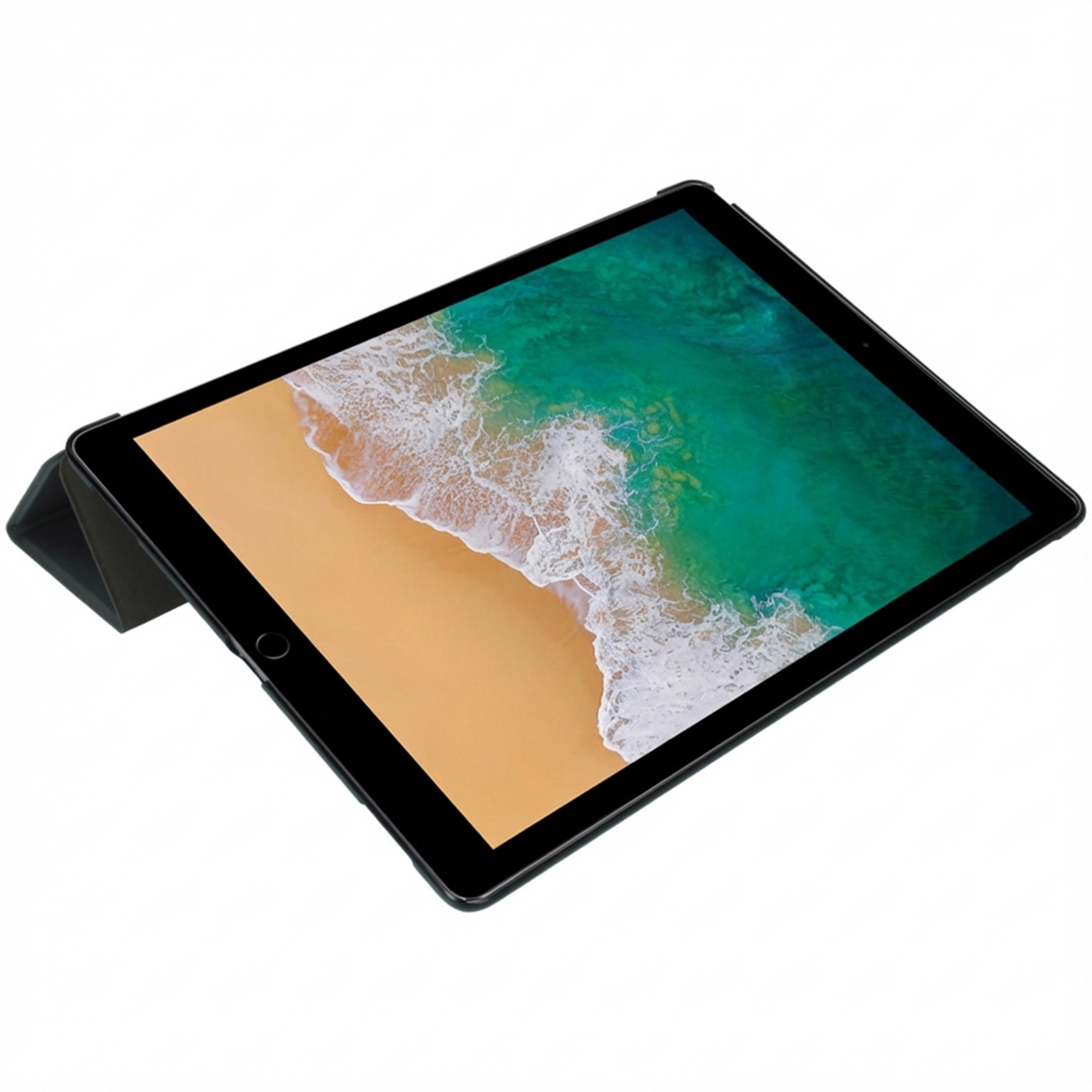 A black tablet displaying a beach scene on its screen, on a white background.
