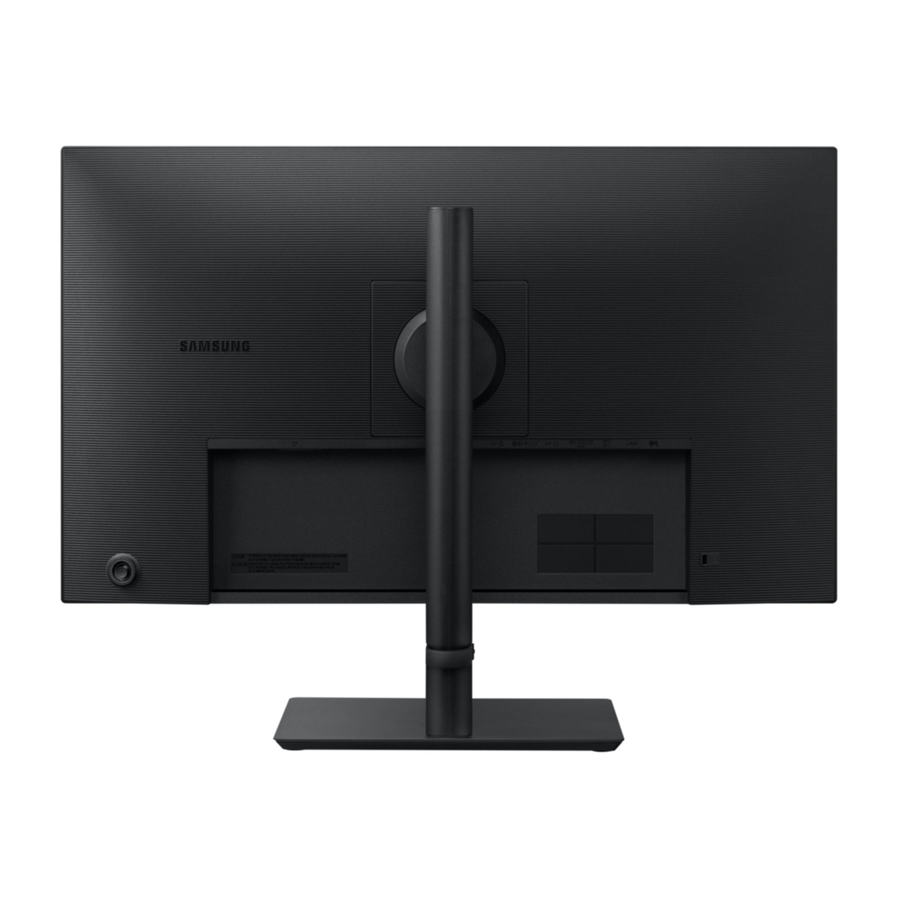 Vista posteriore di un monitor nero con logo Samsung e supporto.