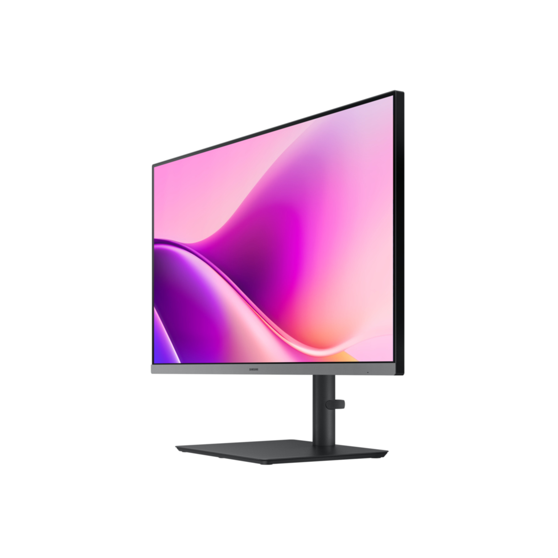 Un monitor moderno con un'immagine astratta rosa e viola, su un supporto nero.