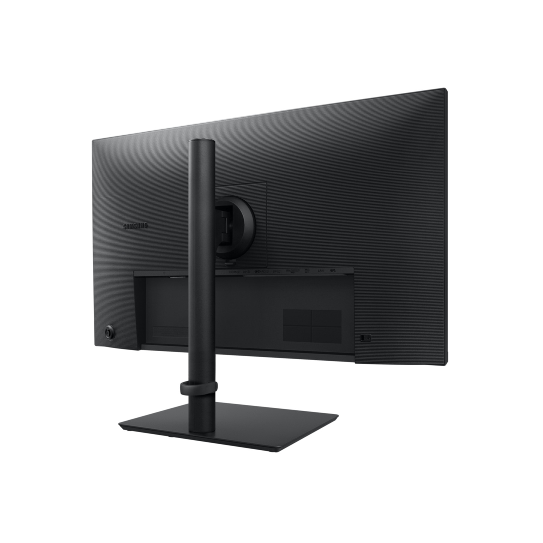 Vista posteriore di un monitor nero con supporto e porte.