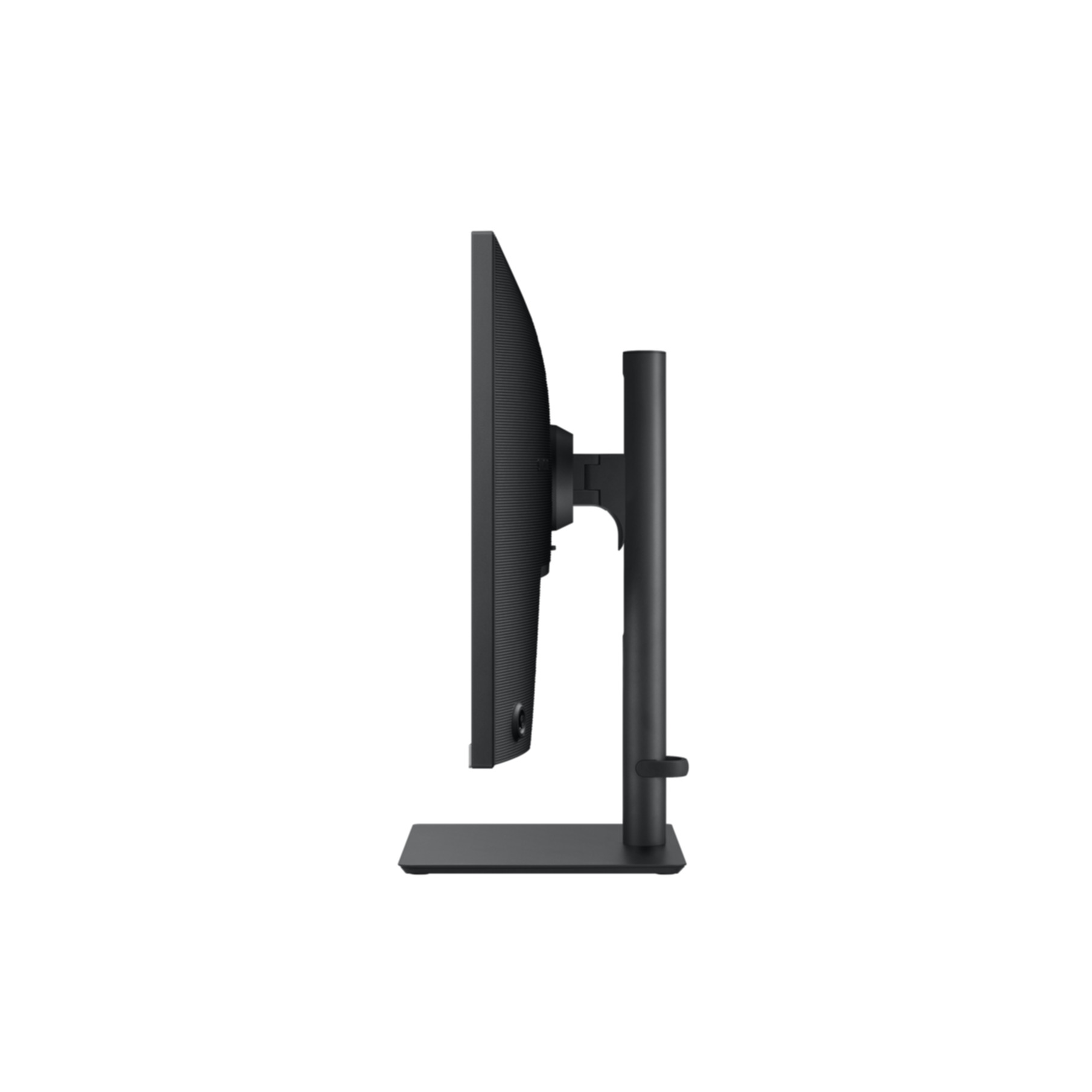 Monitor nero di profilo su sfondo bianco con il suo supporto.