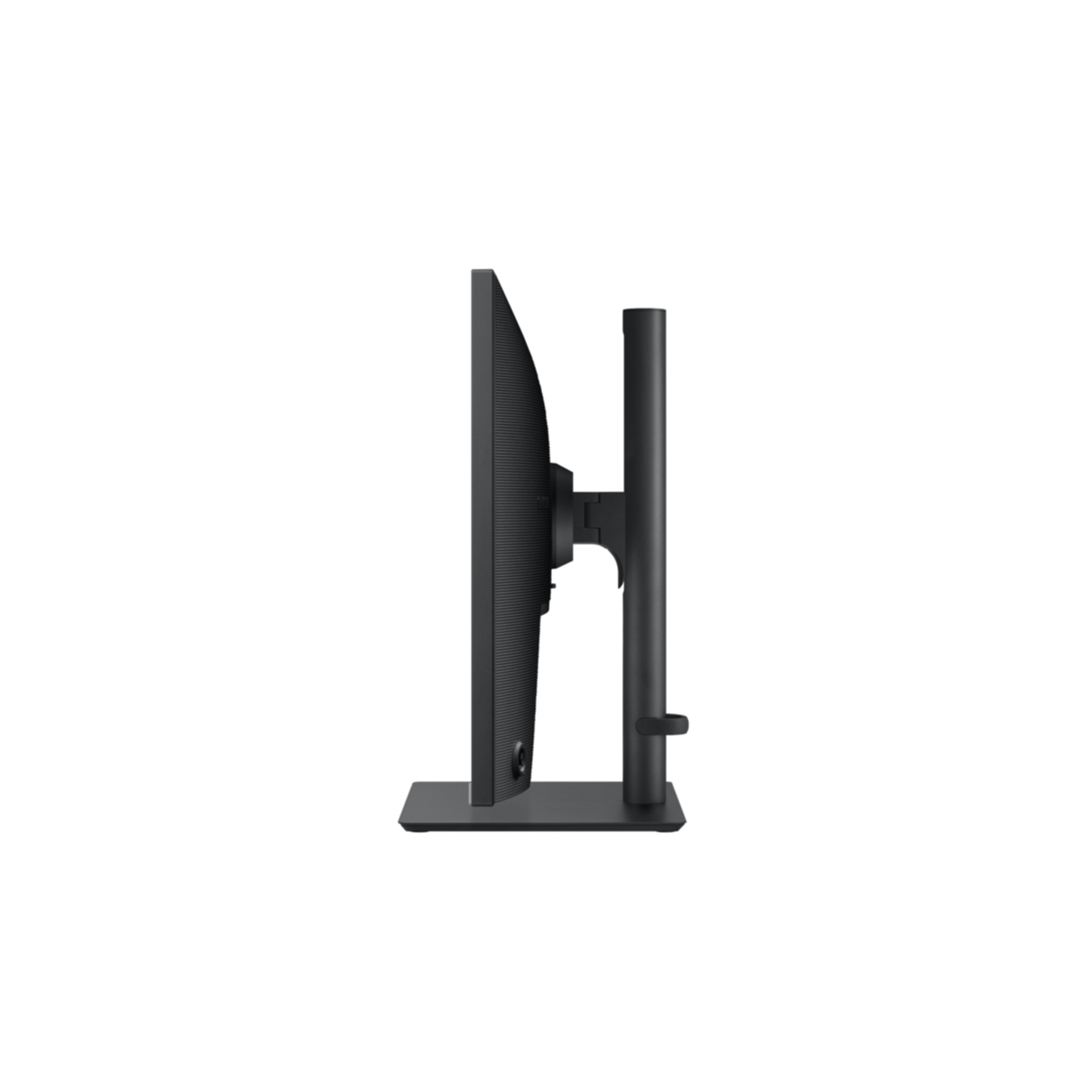 Un supporto per monitor di computer nero con base rettangolare elegante e braccio verticale.