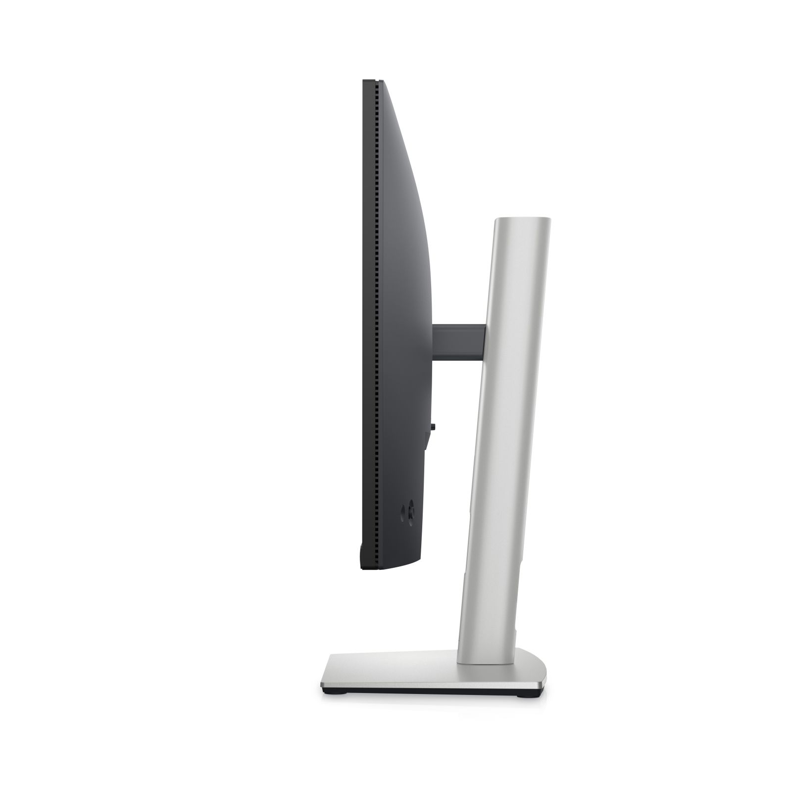 Un monitor di computer grigio con supporto argentato, visto di lato su sfondo bianco.