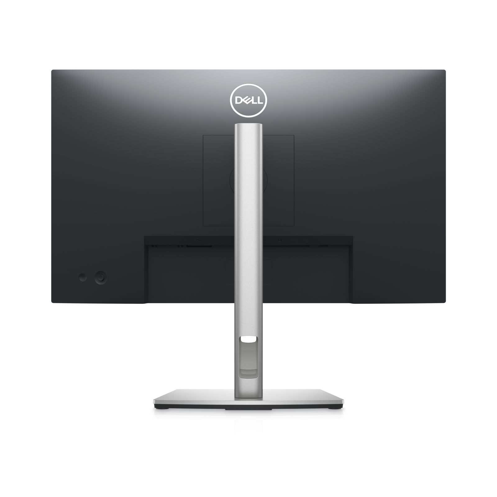Vista posteriore di un monitor Dell con supporto argentato e logo Dell.