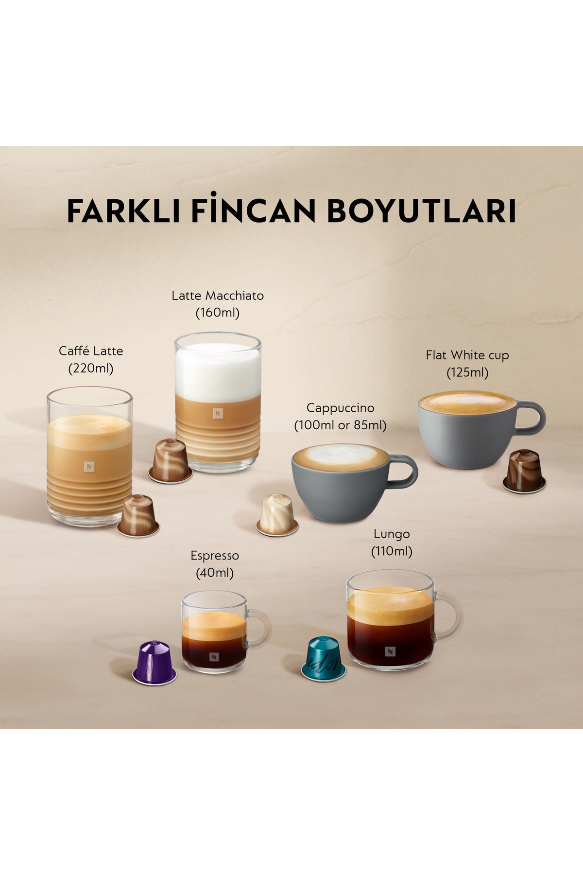 Çeşitli kahve içecekleri fincanlarda ve Nespresso kapsülleri.