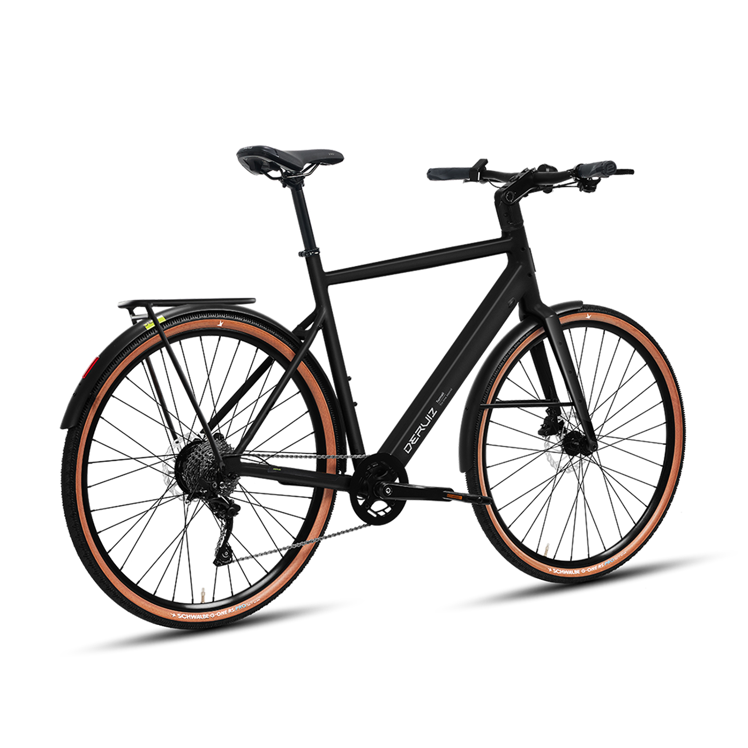 Ein schwarzes Fahrrad mit braunen Reifen und Scheibenbremsen wird vor weißem Hintergrund gezeigt.