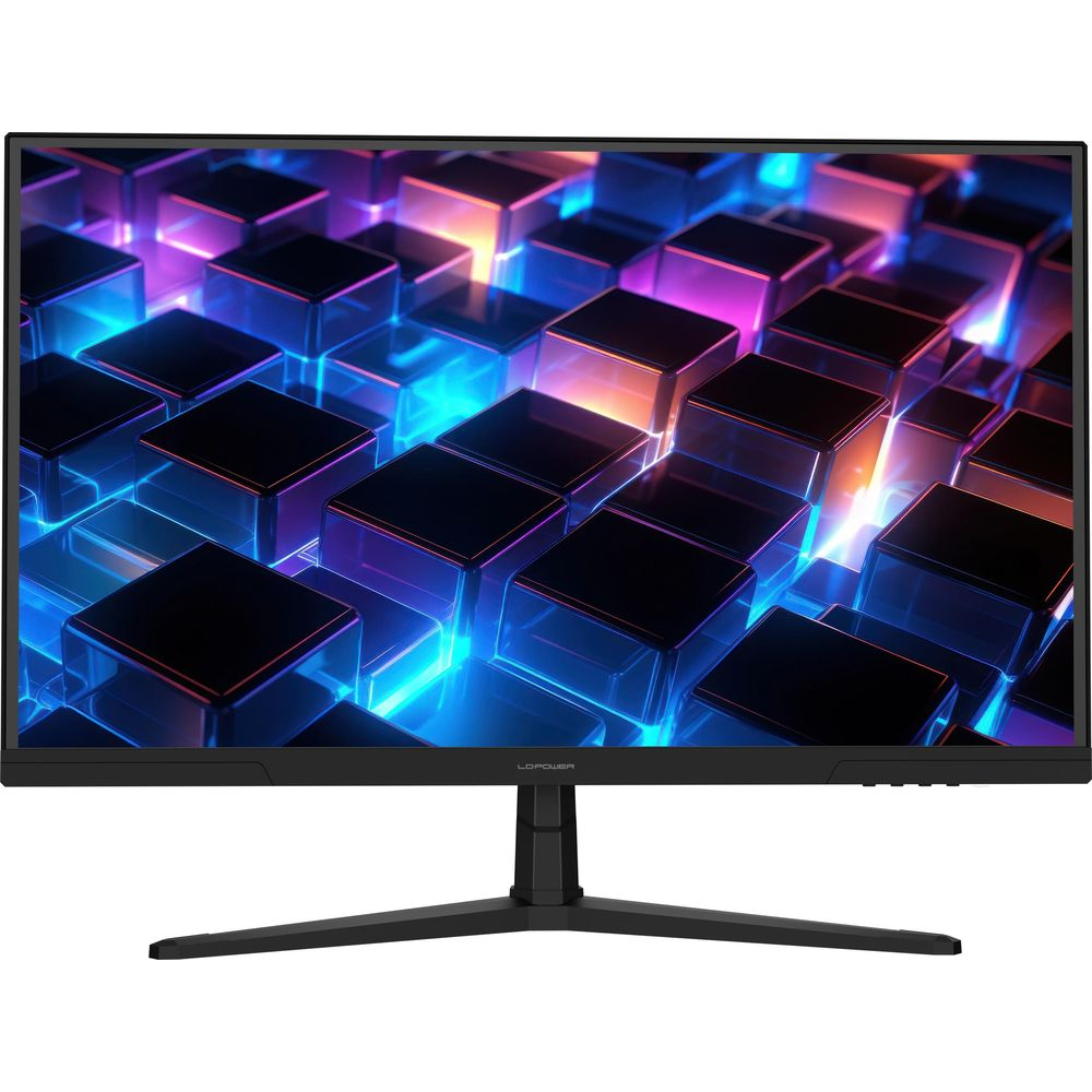 Monitor del computer nero mostra una griglia di cubi luminosi blu e rosa.