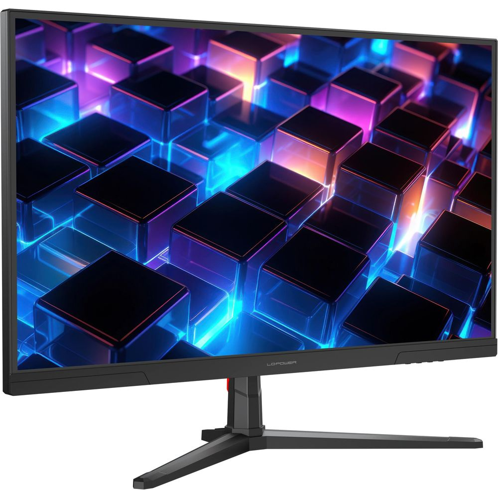 Un monitor visualizza una griglia di cubi luminosi in tonalità blu e viola.