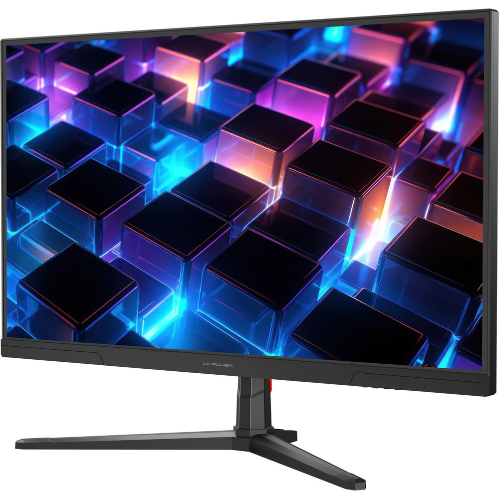 Un monitor che visualizza uno schema astratto di cubi luminosi nei toni del blu e del viola.