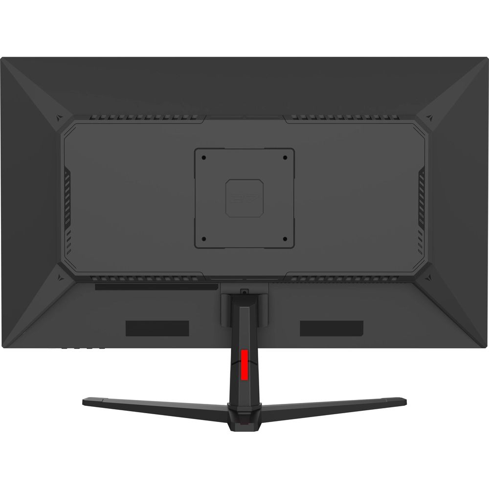 Retro di un monitor nero con accento rosso sul supporto.