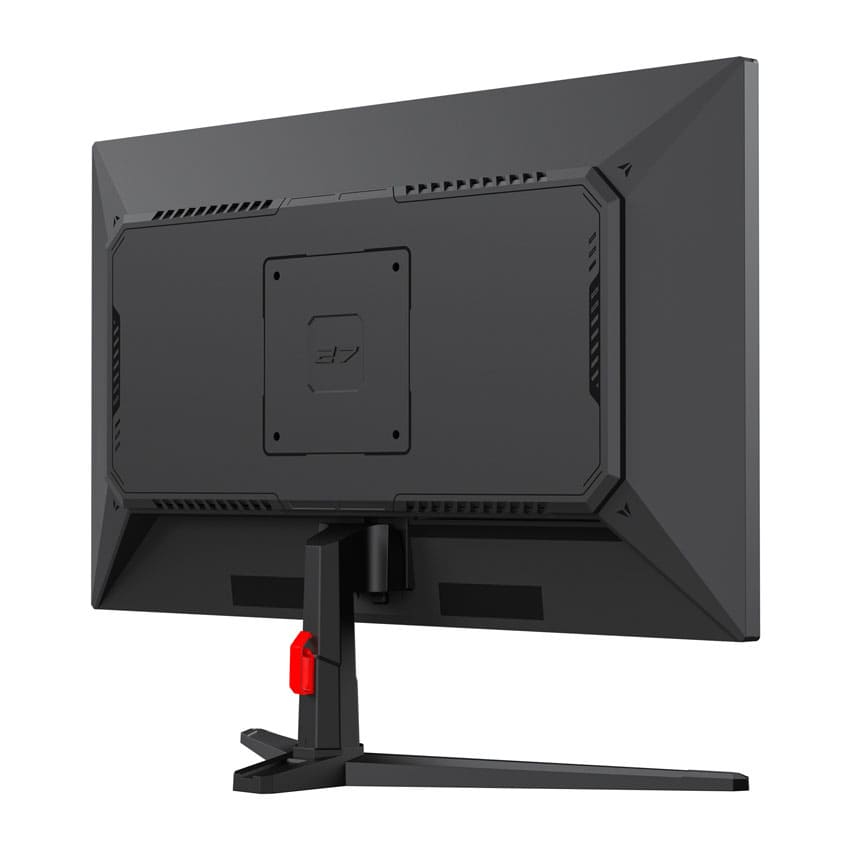 Vista posteriore di un monitor per computer nero con leva di regolazione rossa sul supporto.