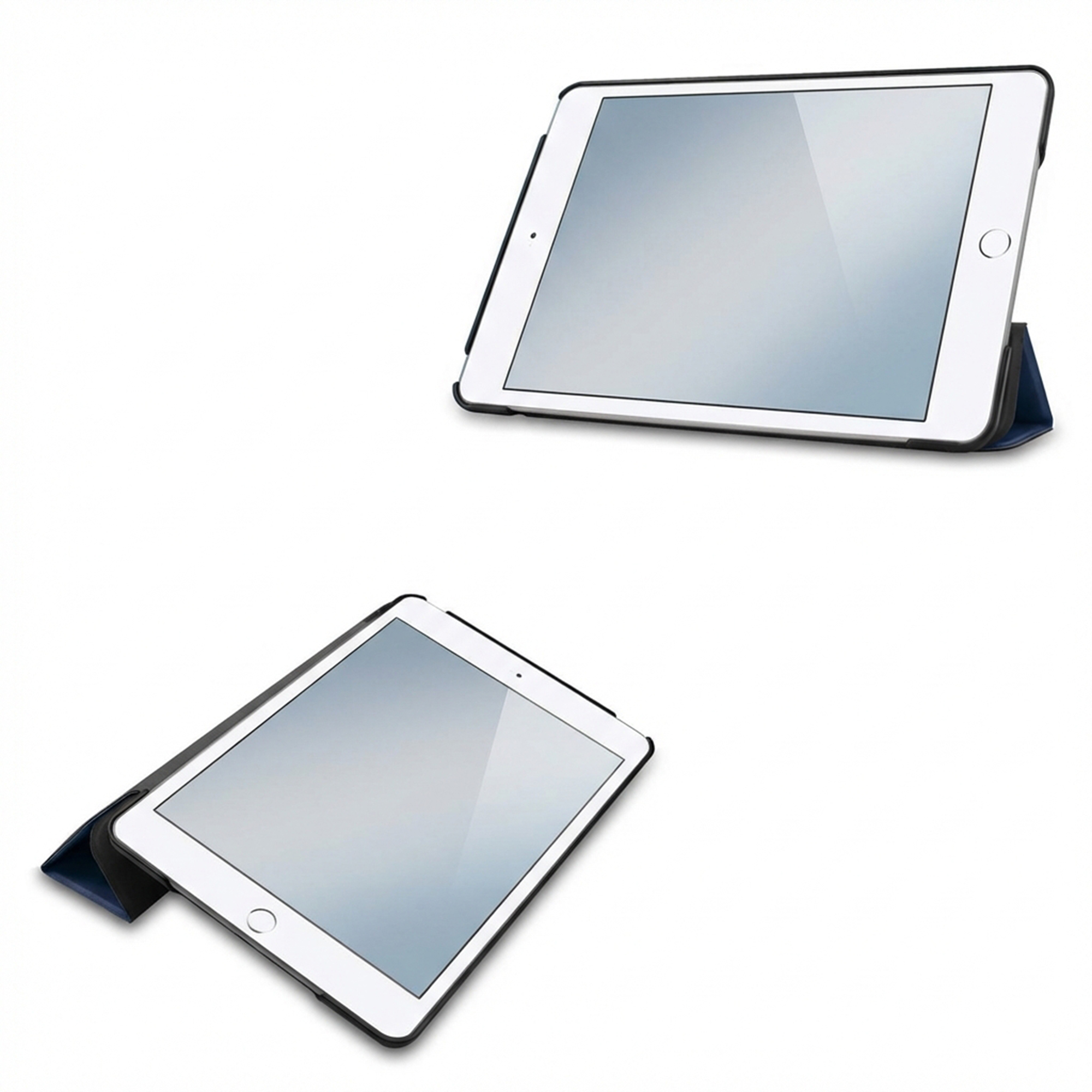 Two white tablets with blue covers, on a white background.