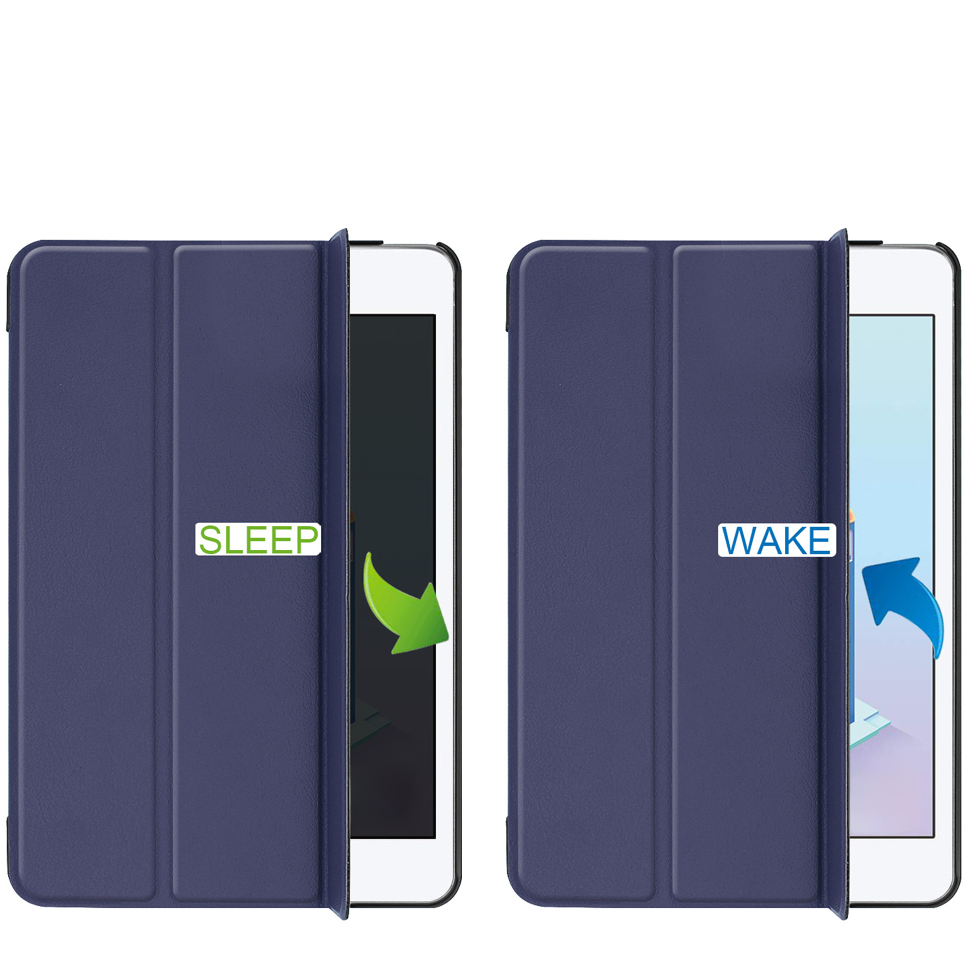 A tablet in a blue case, shown in sleep mode and wake mode.