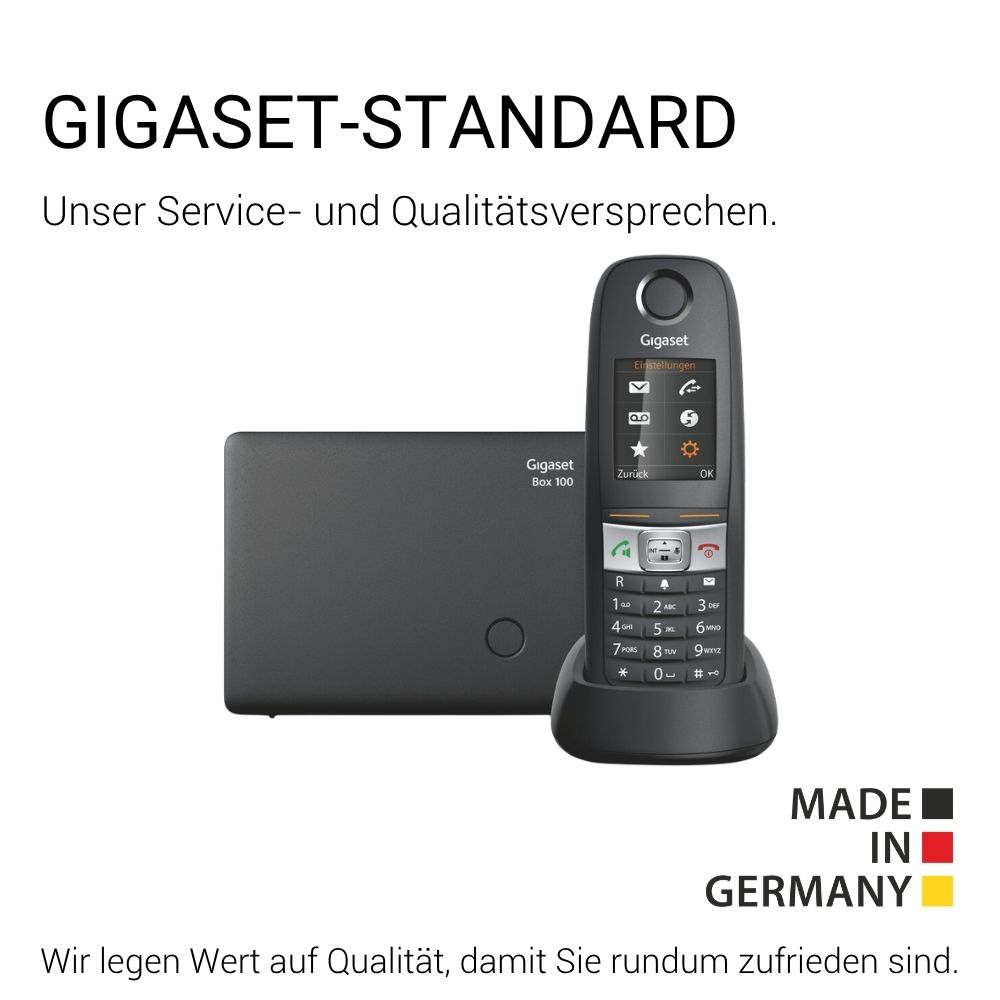 Telefono Gigaset con stazione base e adesivo Made in Germany.