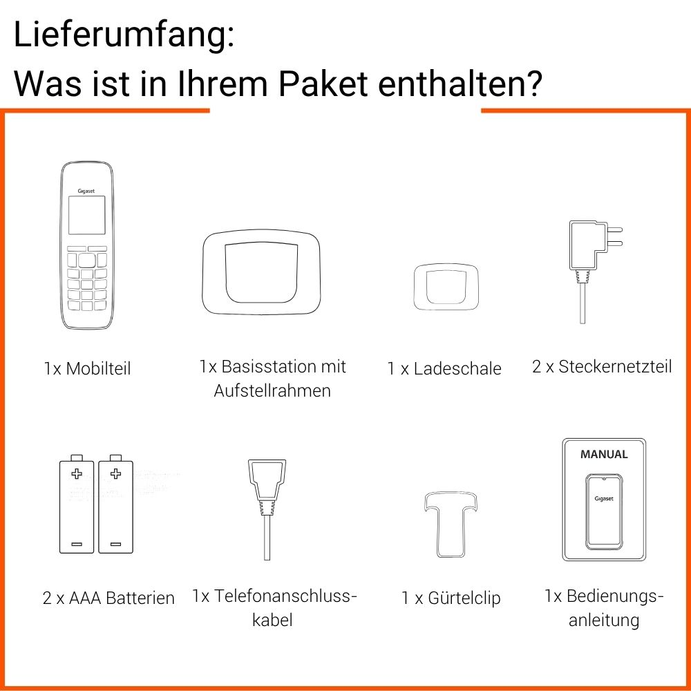 Illustrazioni di cornetta, stazione base, base di ricarica, alimentatore, batterie, cavo, clip e manuale.