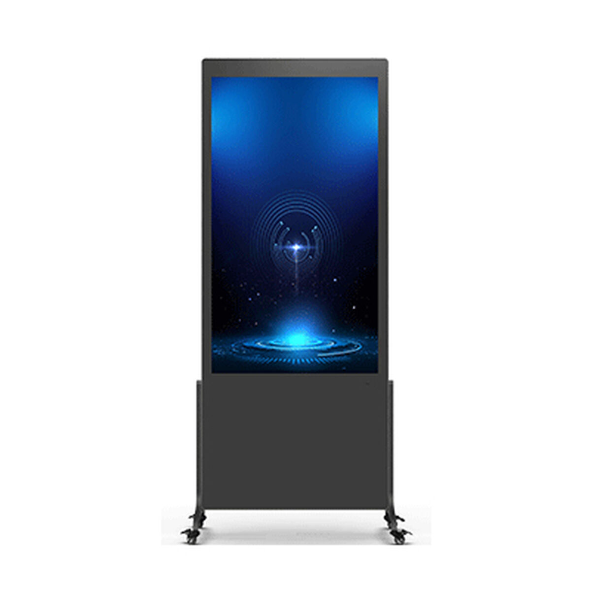 Uno schermo digitale con sfondo astratto blu ed effetto luce.