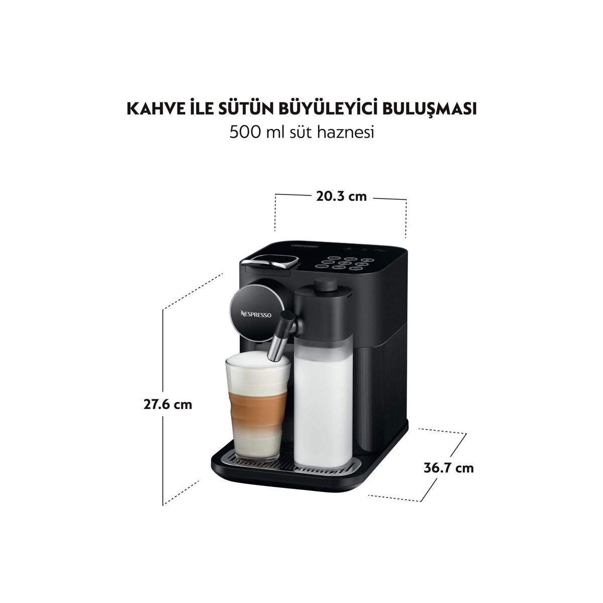 Süt sürahisi ve latte bardağı olan siyah Nespresso kahve makinesi. Boyutlar gösterilmiş.