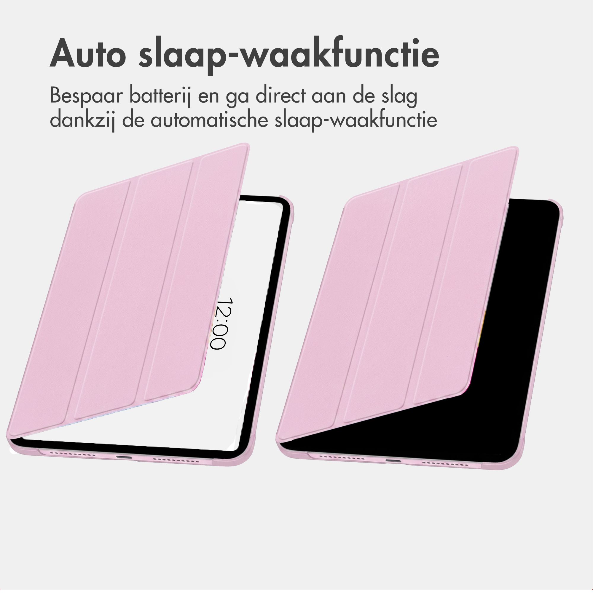 Deux étuis roses pour tablette avec couverture ouverte montrant une tablette affichant 12h00.
