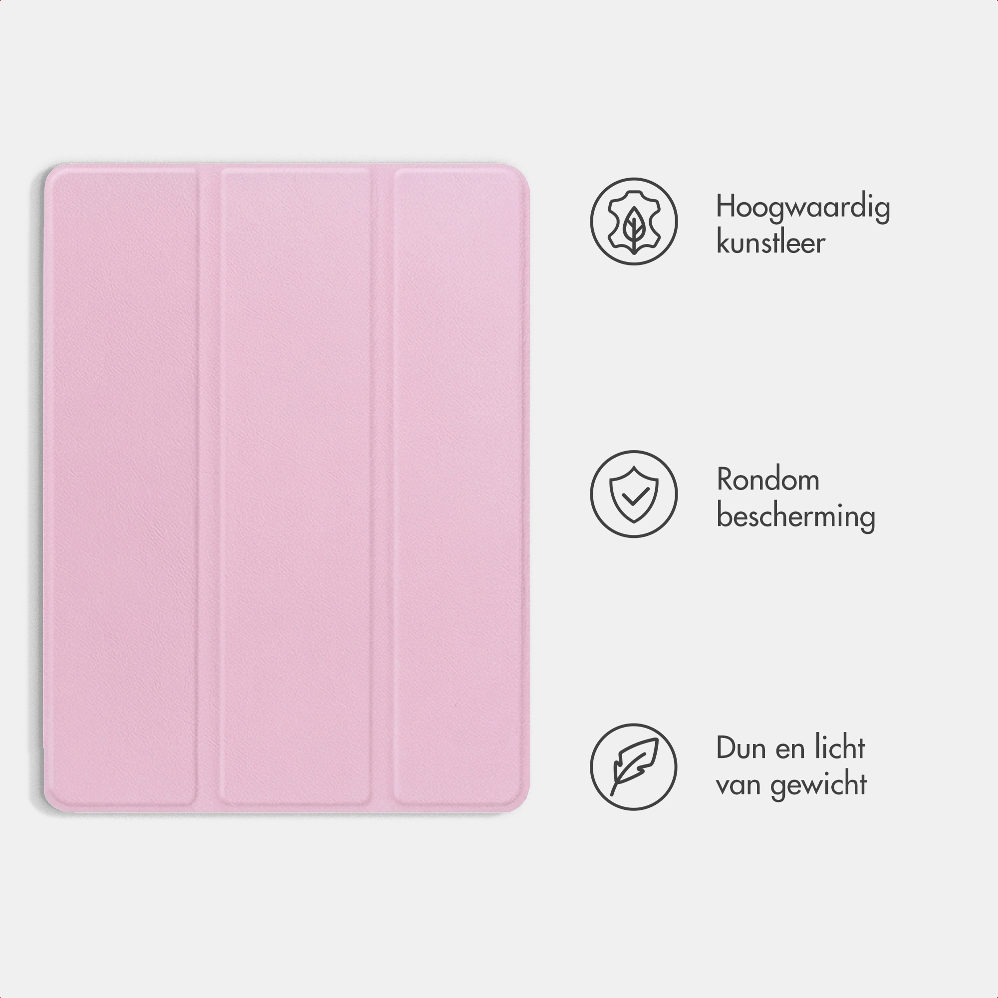 Un étui rose pour tablette avec trois segments pliables et des icônes pour similicuir, protection et légèreté.