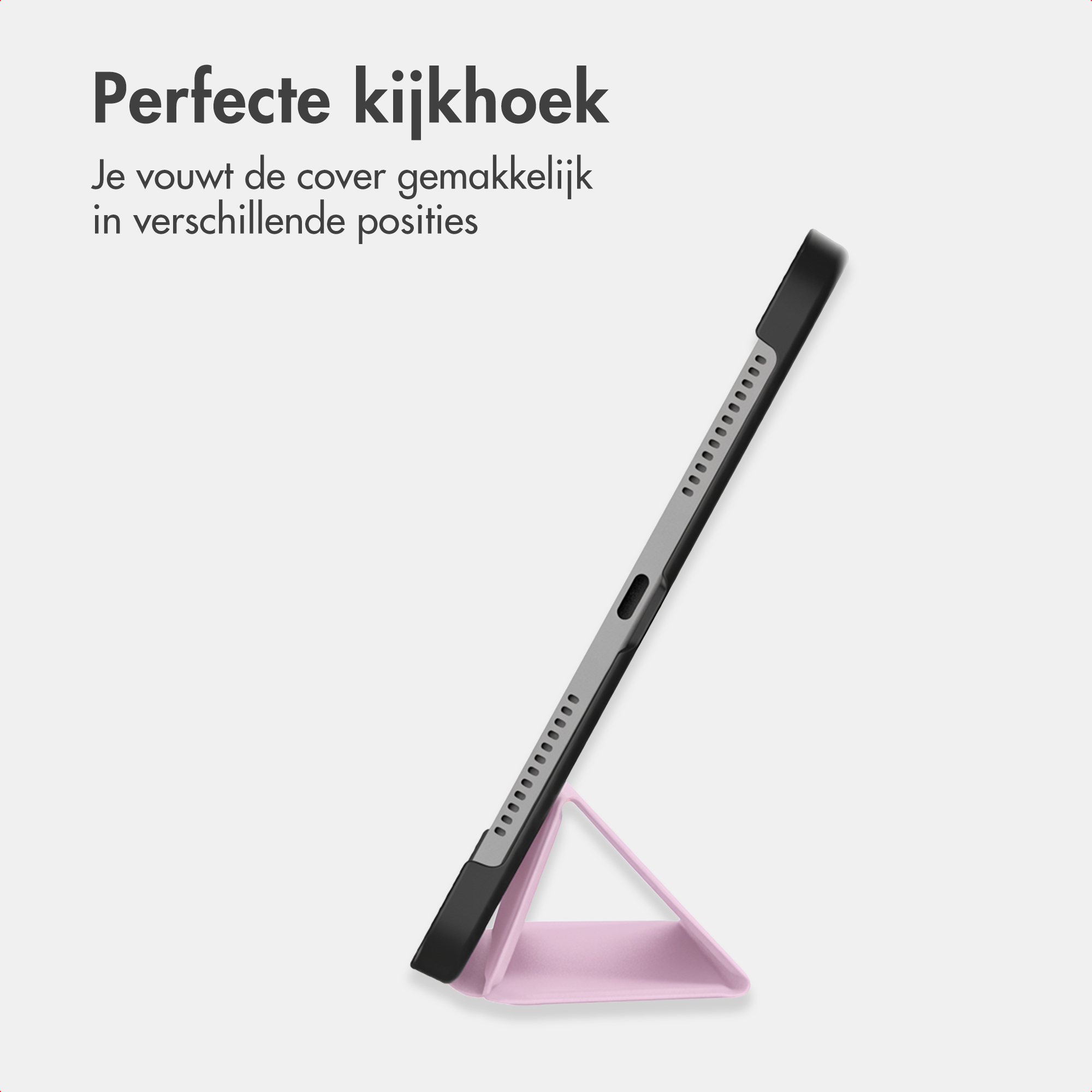 Une tablette avec un support rose est montrée sur fond gris.