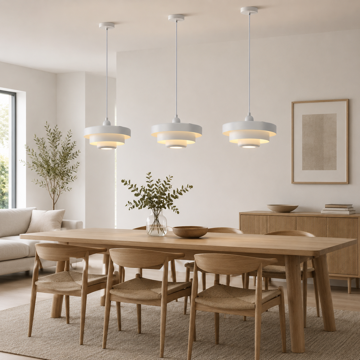 Un comedor con mesa de madera, sillas, lámparas colgantes y sofá.