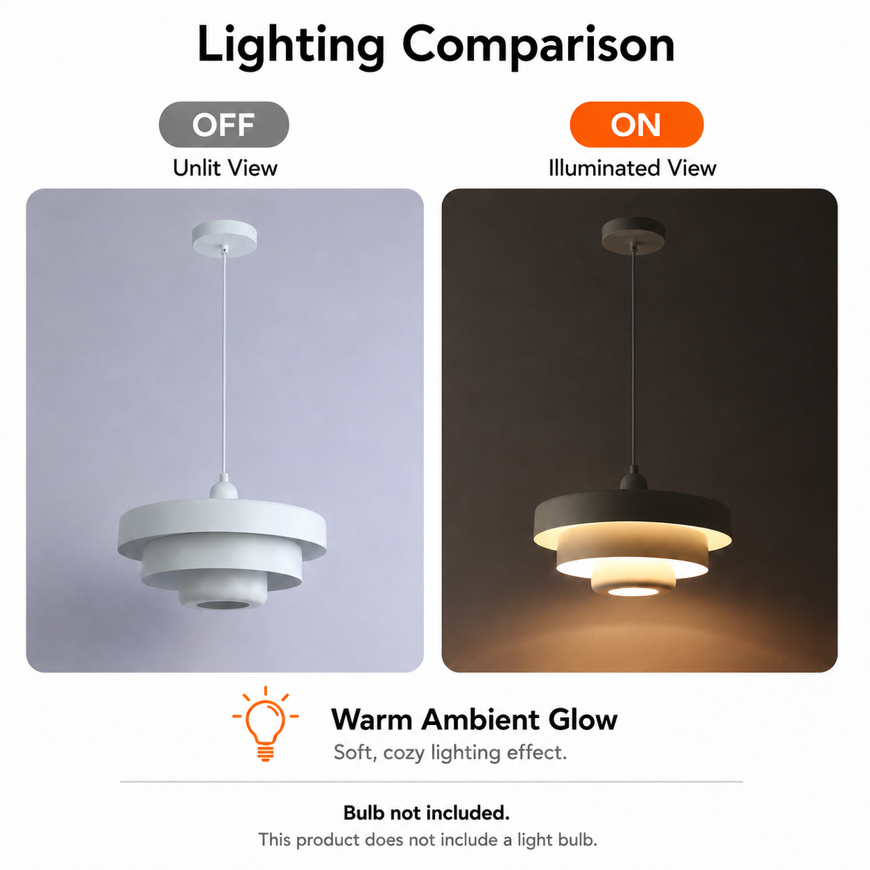 Comparación de lámpara colgante: Apagada e iluminada, con brillo cálido.