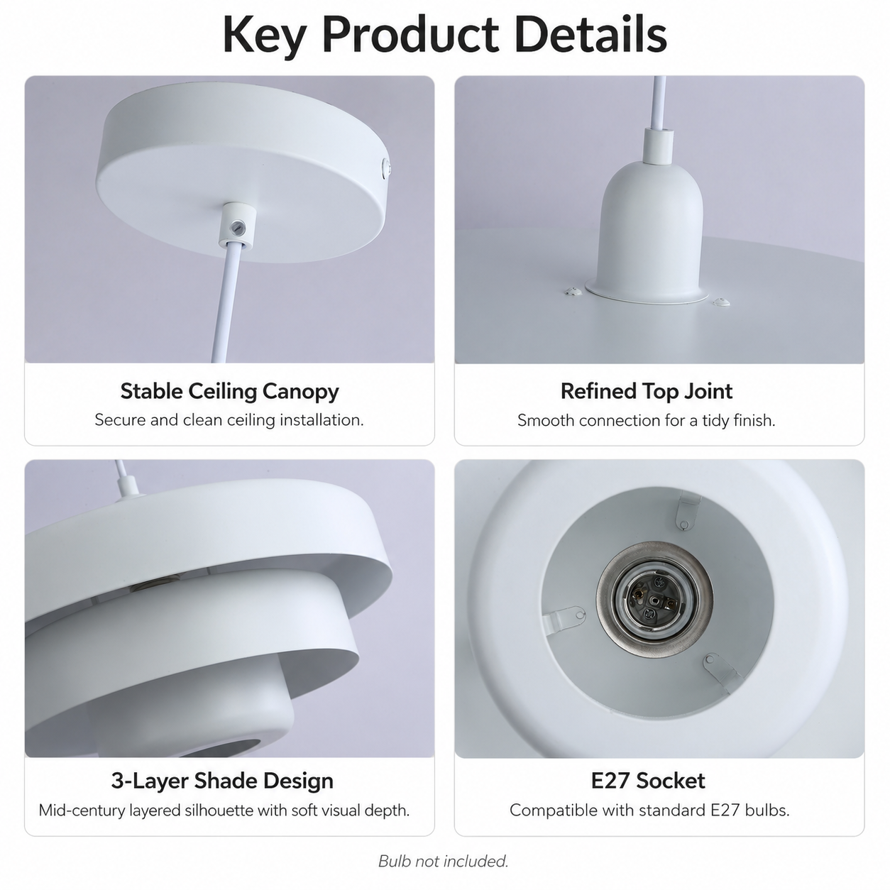 Cuatro imágenes de detalles del producto: dosel de techo, unión superior, pantalla en capas, casquillo E27.