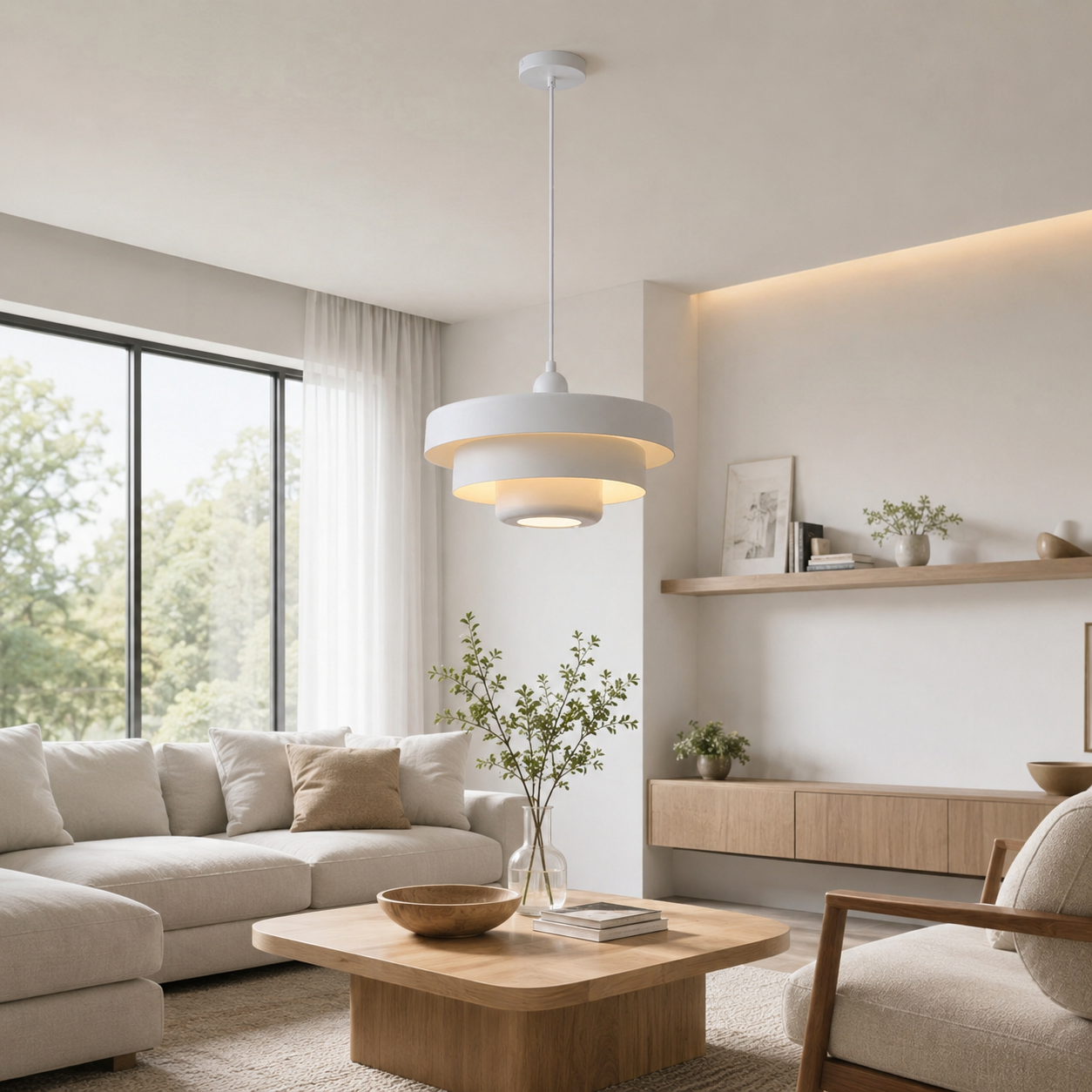 Una sala de estar luminosa con sofá blanco, mesa de madera, lámpara colgante y ventana grande.