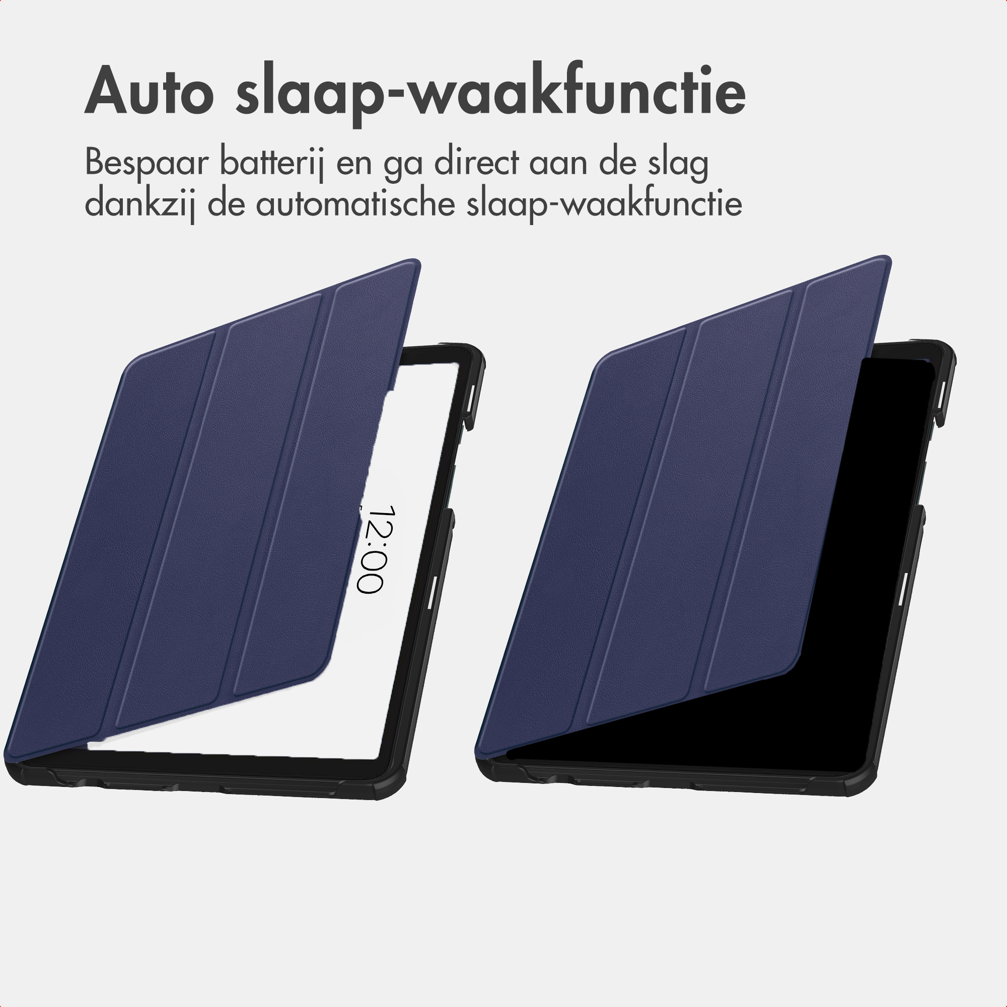 Deux étuis pour tablette bleu foncé, un ouvert affichant 12h00.