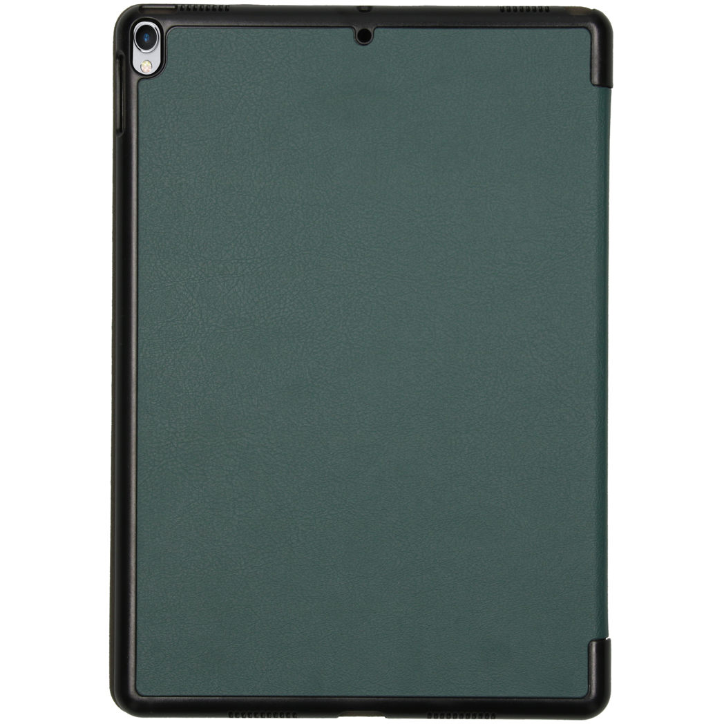 A dark green tablet with a black frame, lying on a white background.