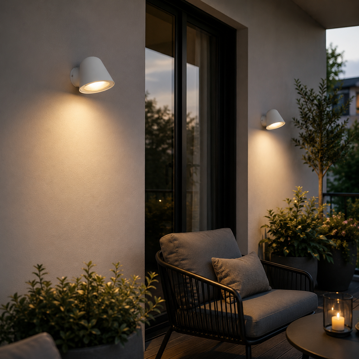 Un balcón acogedor por la noche, con iluminación, muebles y plantas.