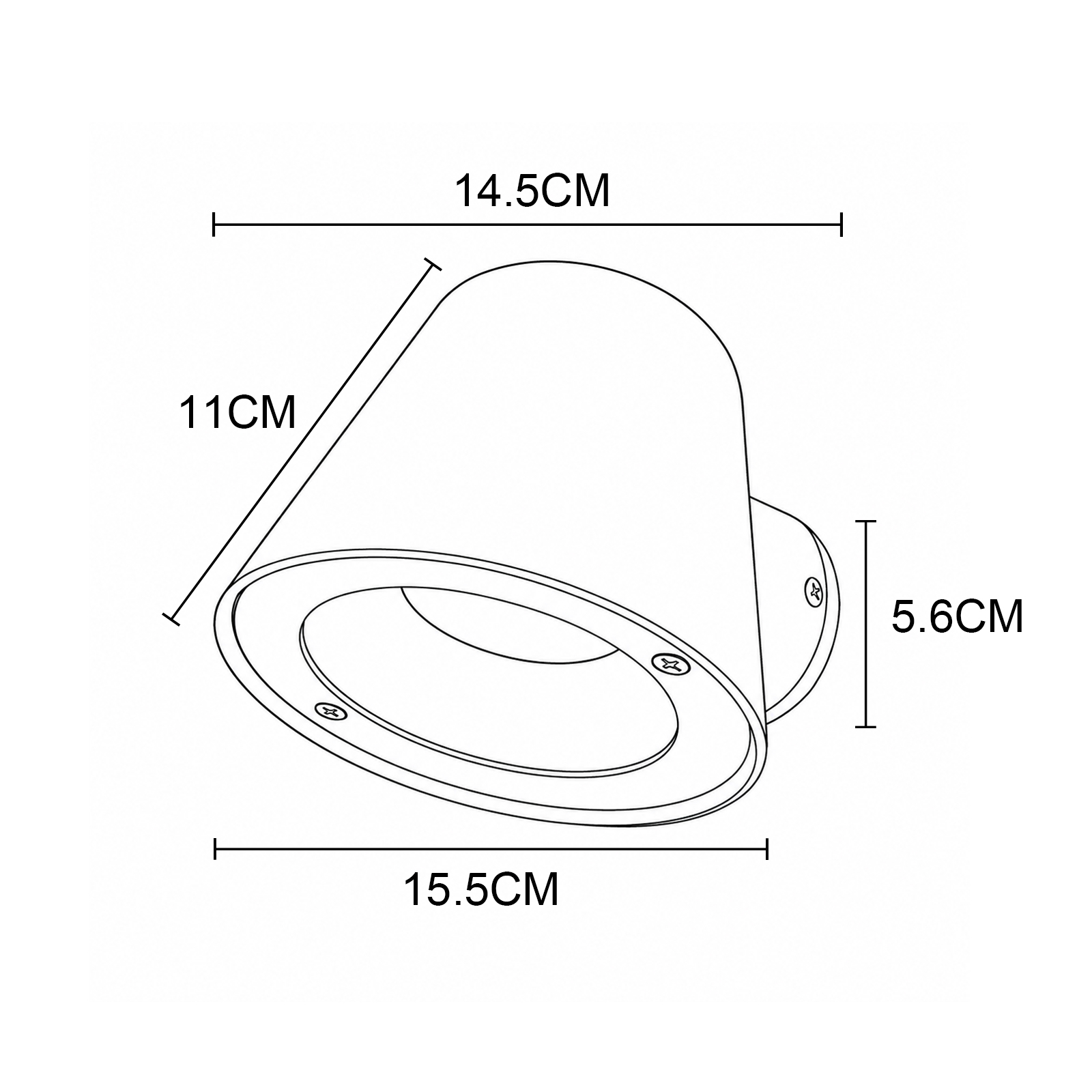 Dibujo técnico de una lámpara con dimensiones: 14,5cm, 11cm, 5,6cm y 15,5cm.