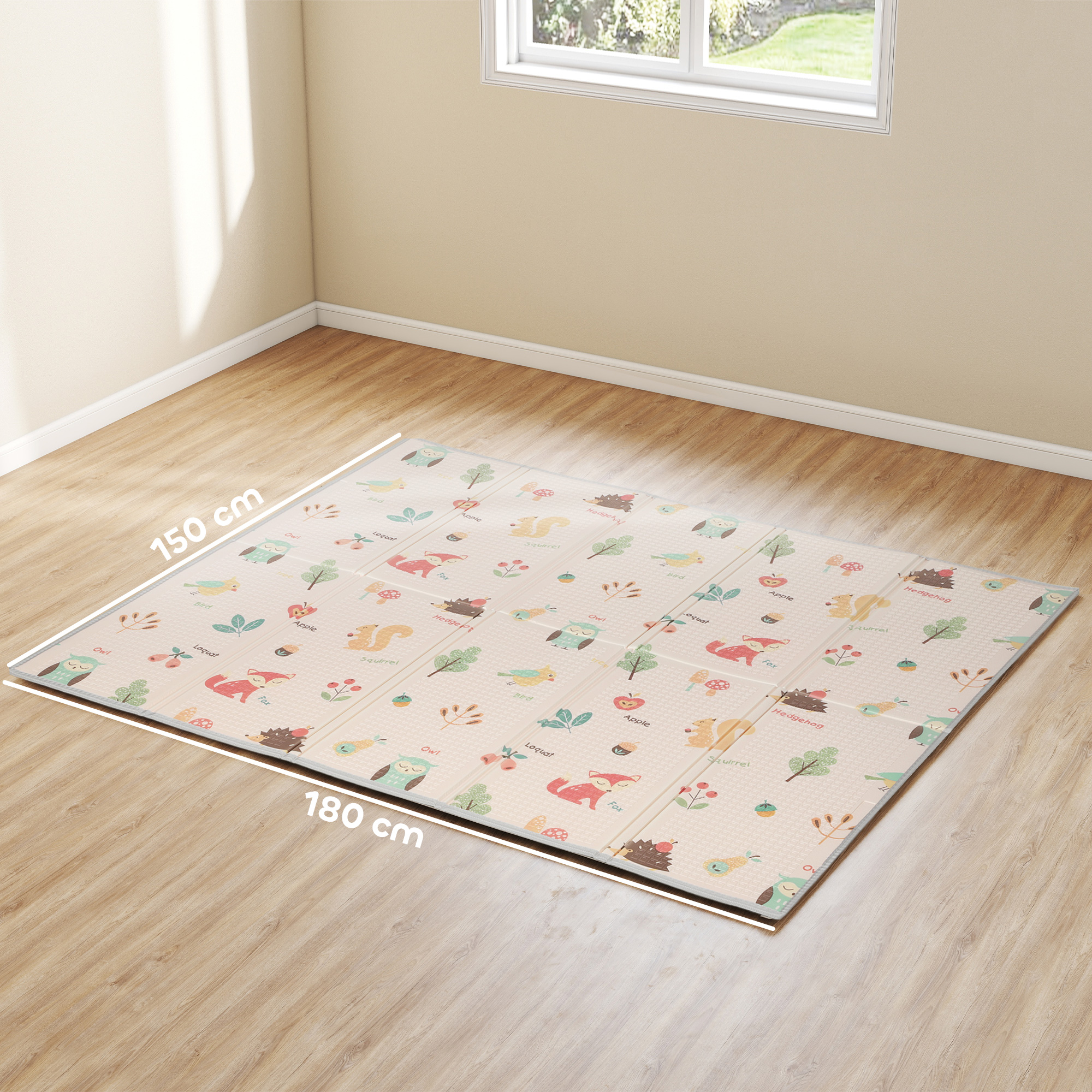 Una alfombra de juego de 150x180 cm con diseños de animales del bosque.
