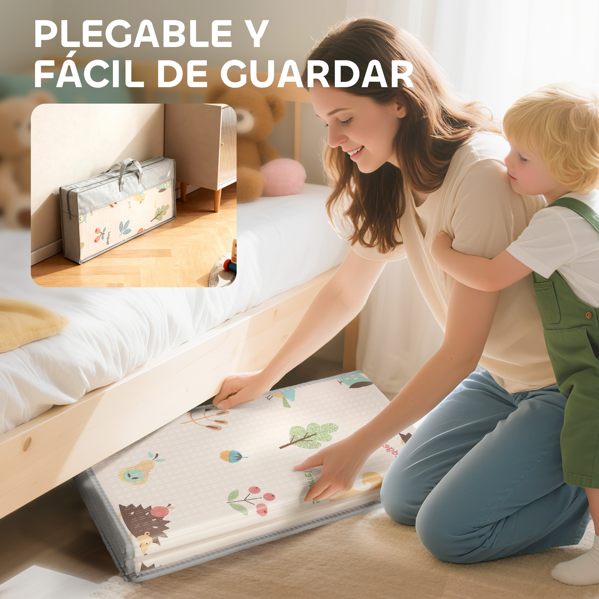 Mujer y niño guardando una alfombra de juegos debajo de una cama. La alfombra tiene motivos de animales.