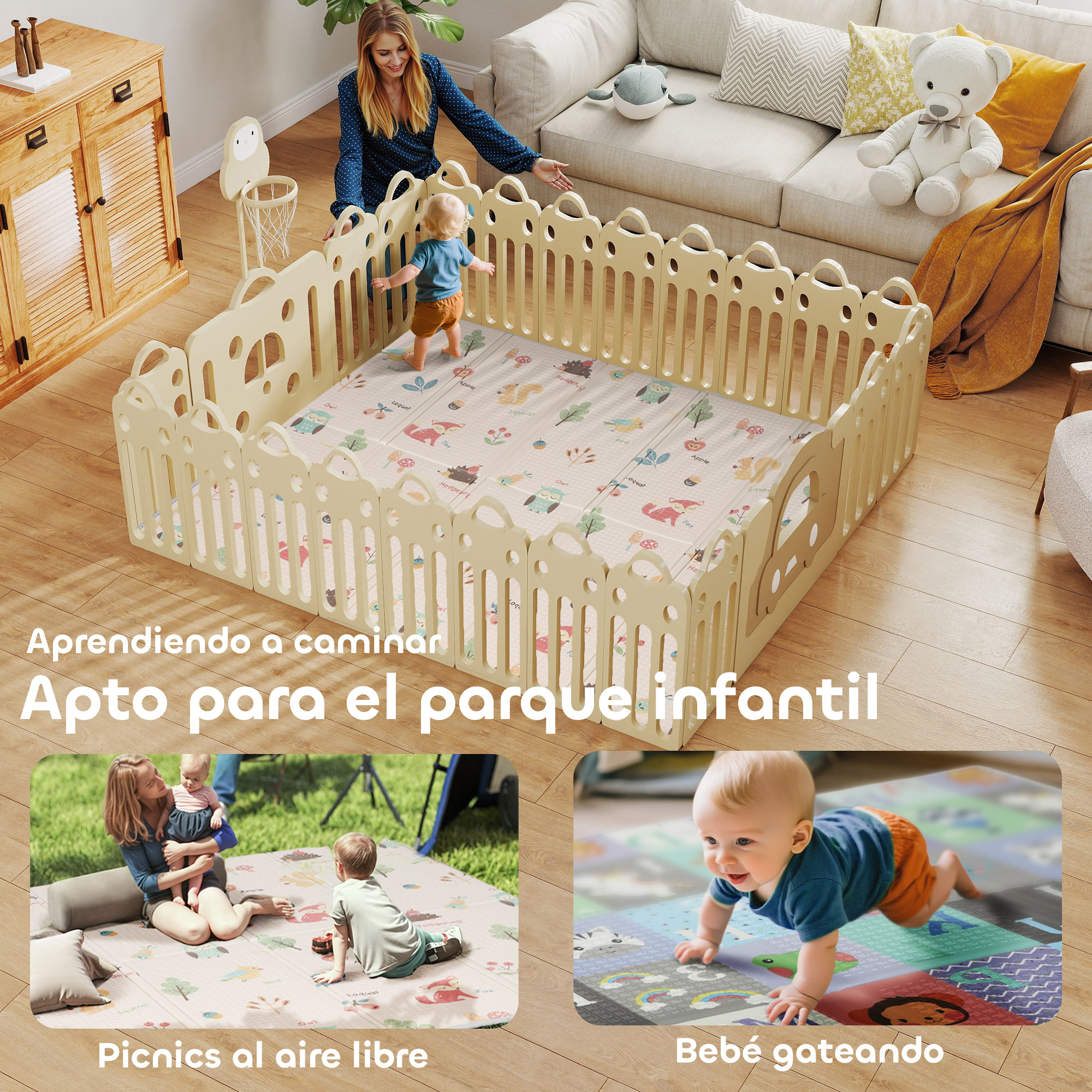 Bebé gateando en tapete, mujer juega con niño en parque. Corralito interior mostrado.