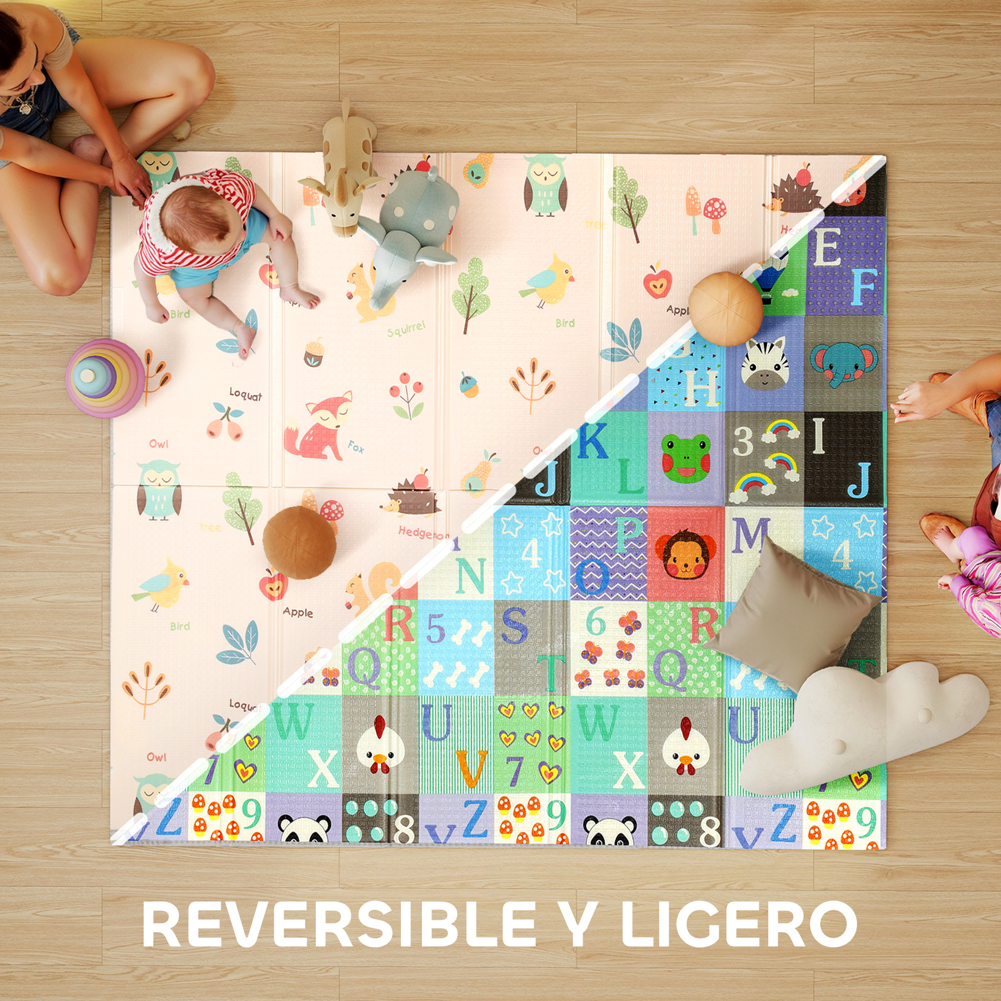Tapete de juegos con animales, letras y números para bebés, vista desde arriba.