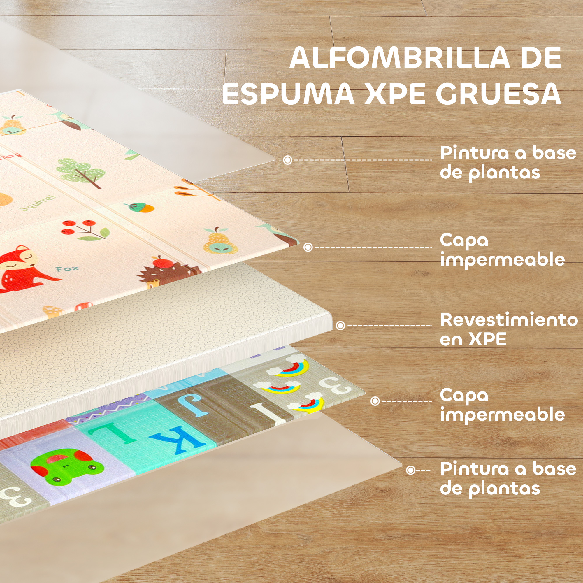 Alfombra gruesa de espuma XPE en capas con diseños de animales y letras.