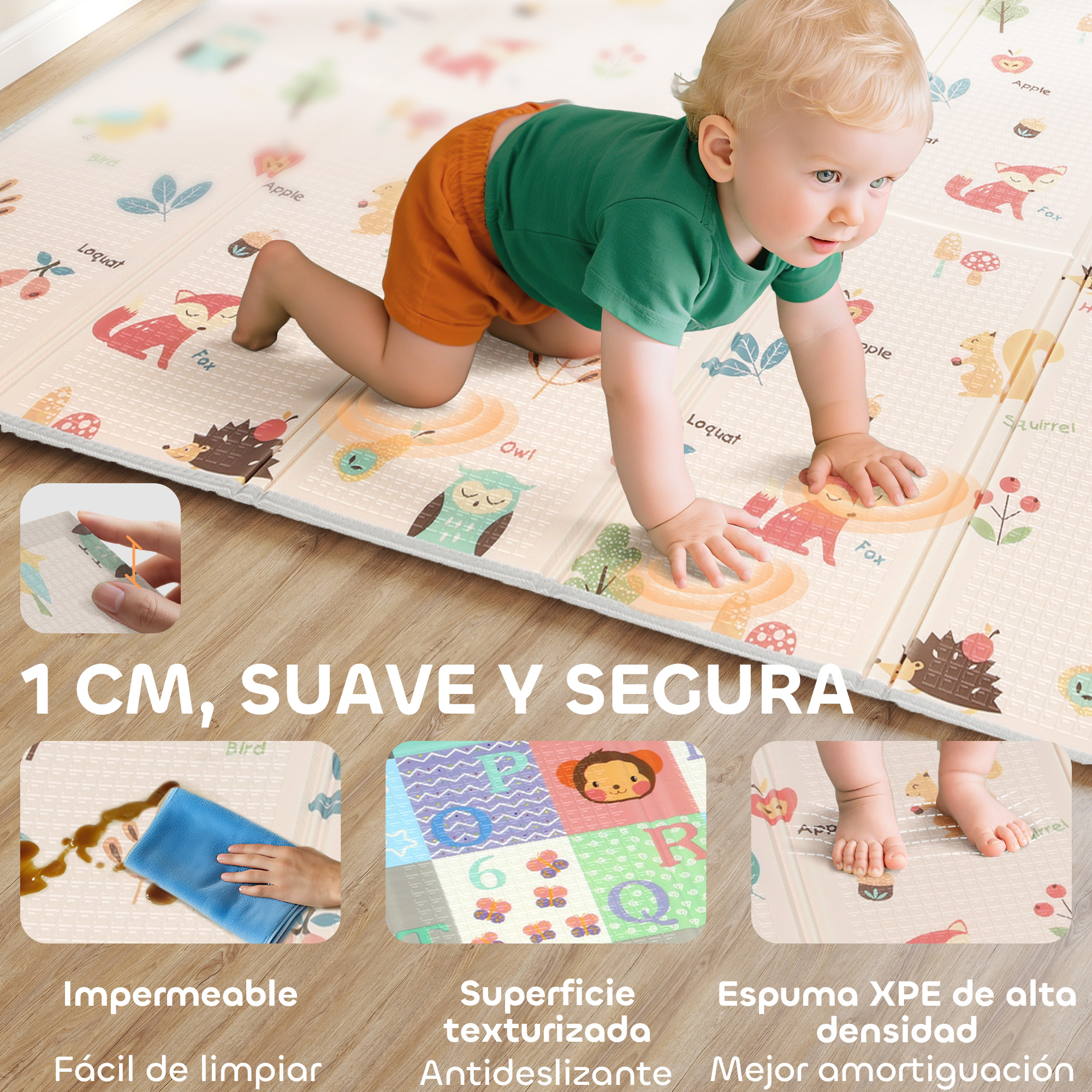 Un bebé gatea sobre un tapete de juegos suave con diseños de animales.