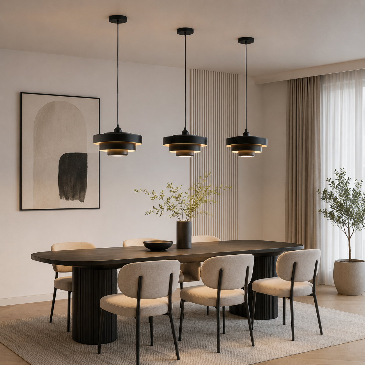 Un comedor con mesa de madera oscura, sillas claras y lámparas colgantes negras.