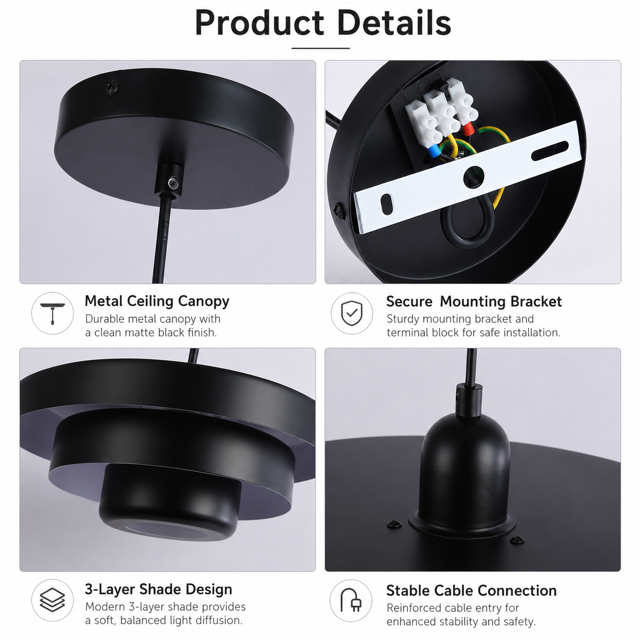 Detalles del producto: dosel de techo de metal negro mate, soporte de montaje, pantalla de 3 capas y conexión de cable.