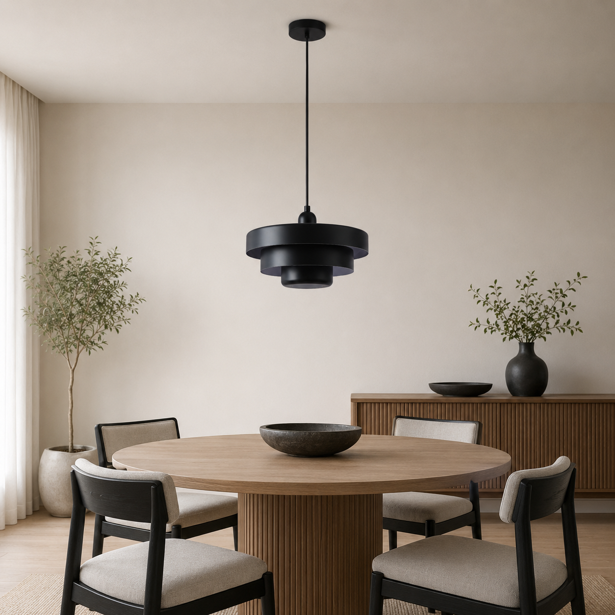 Un comedor moderno con mesa redonda de madera, sillas y lámpara colgante negra.