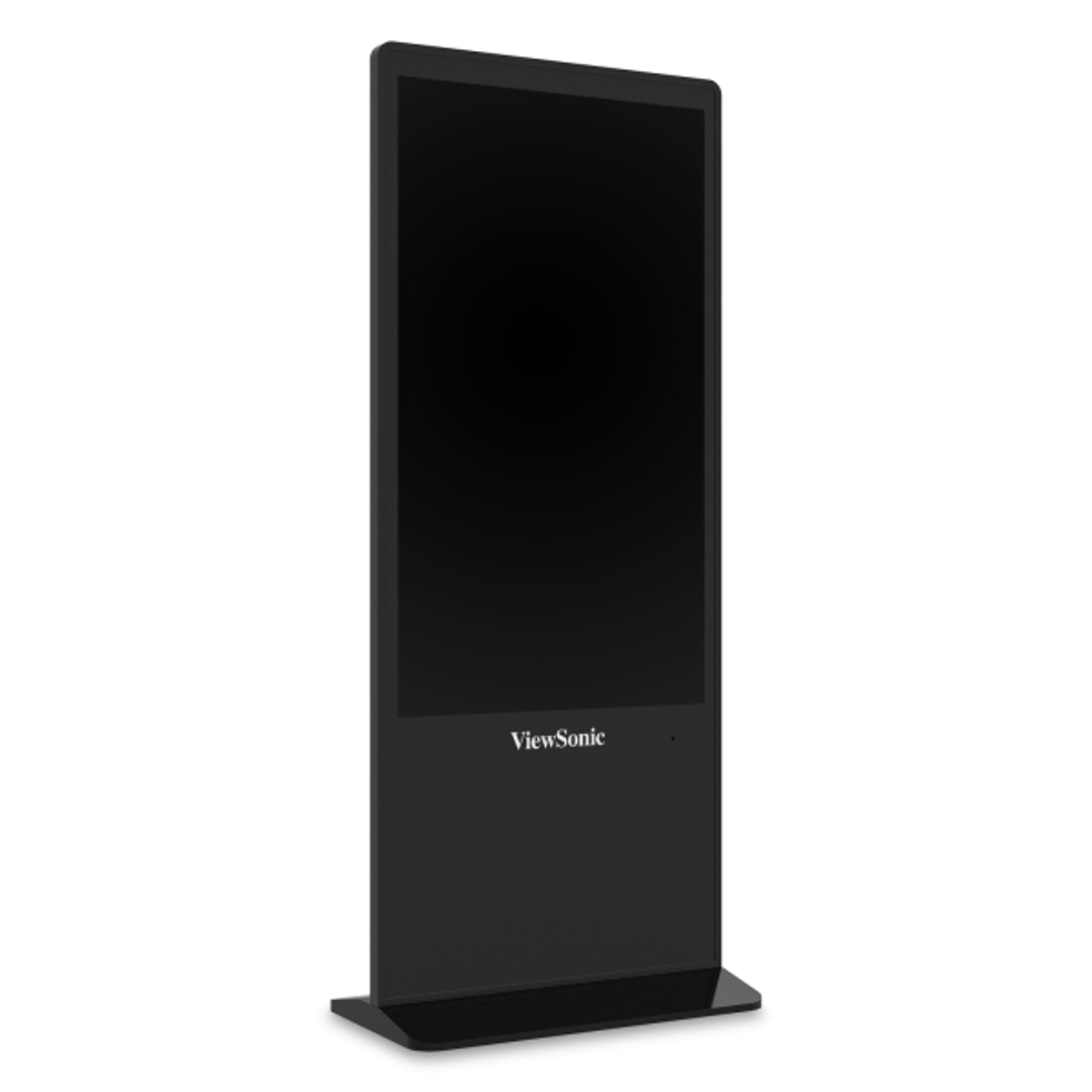 Ein schwarzer, freistehender digitaler Bildschirm mit ViewSonic-Logo.