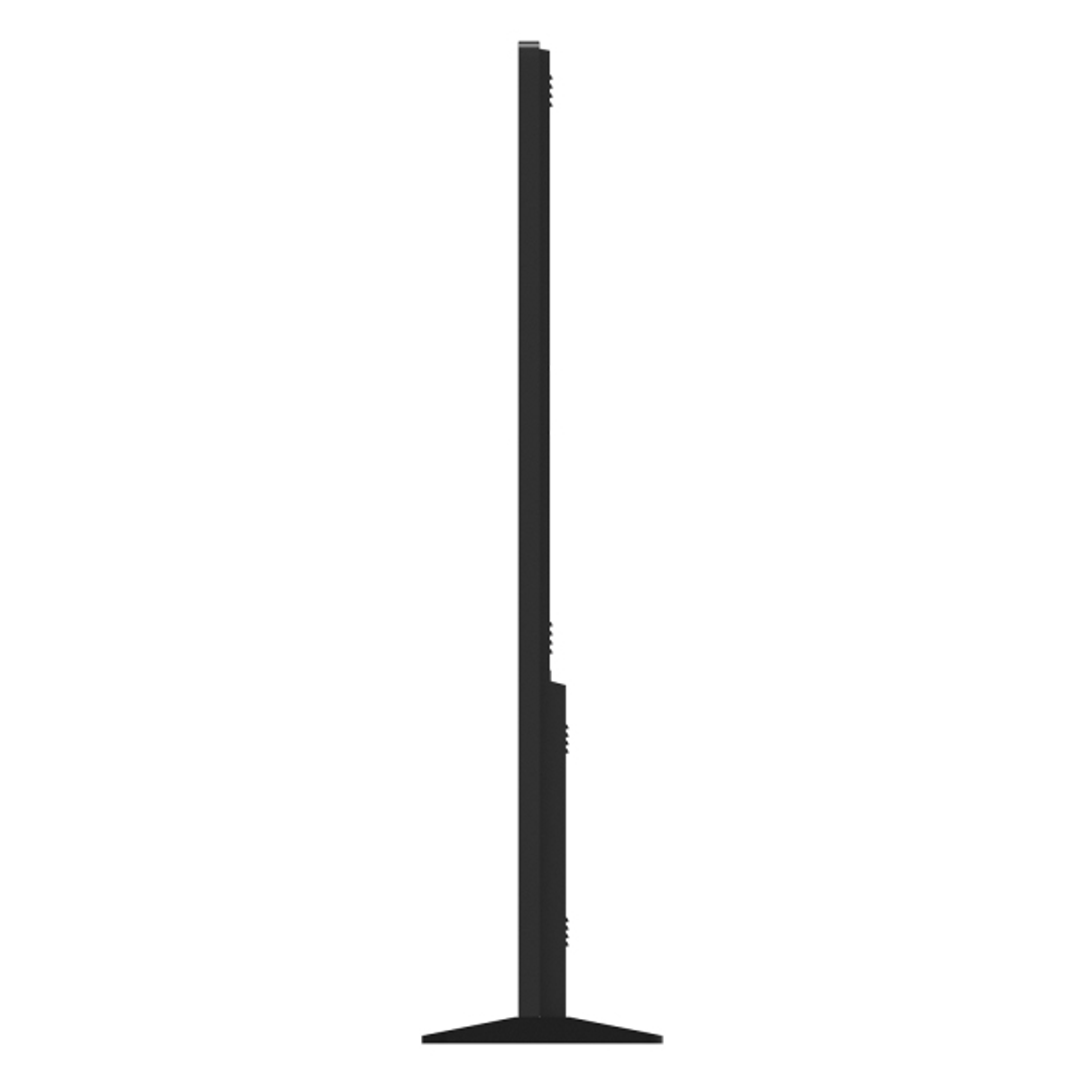 Ein schwarzer Fernseher mit Ständer, von der Seite gesehen.